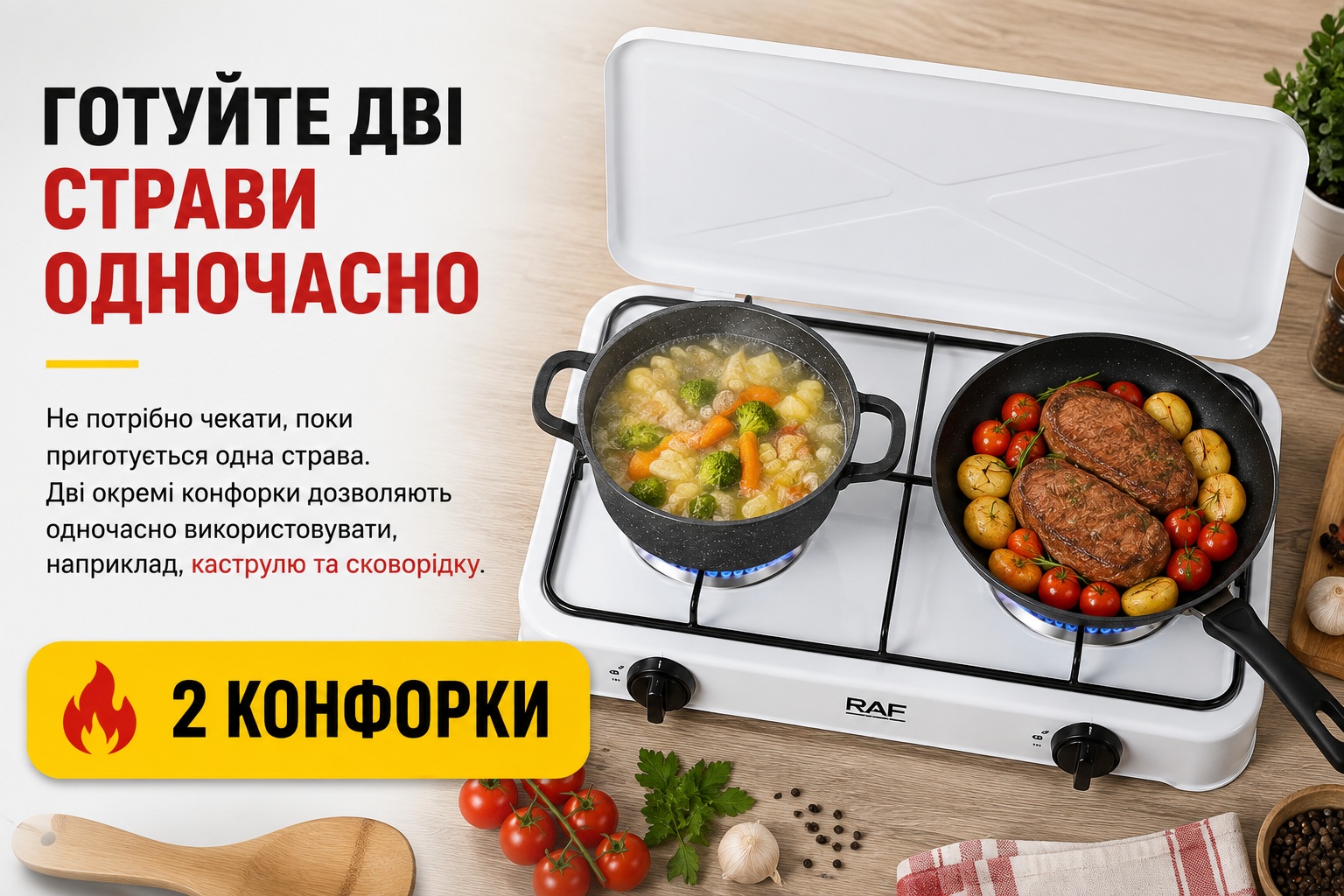 Газова плита RAF R.8504 з двома конфорками